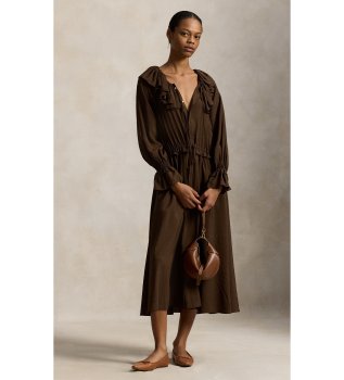 Vestido ablusonado de crepé con volantes marrón