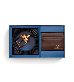 Brown leather belt and card holder set