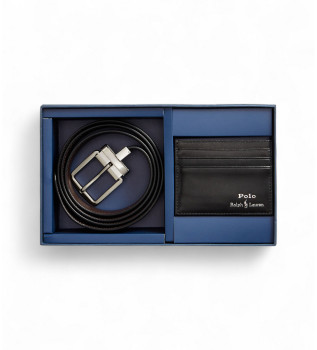 Ensemble ceinture et porte-cartes en cuir noir