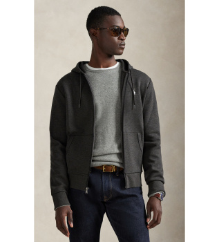 M�rkgr� dubbelstickad sweatshirt med dragkedja