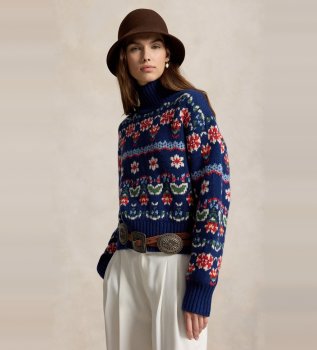 Pull en mélange de laine à fleurs bleues