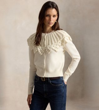 Beige gehäkelter Cardigan aus Wolle und Alpaka