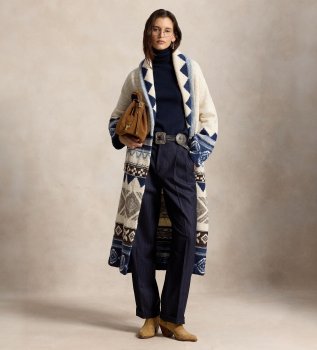 Cappotto tipo cardigan di lana con grafica beige
