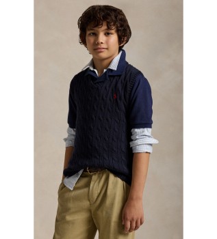 Cable knit cotton vest in navy blue
