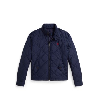 Quiltet jakke med marinebl� halvgennemsigtig krave