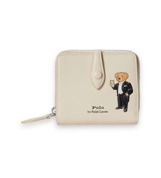 Compact leather wallet with off-white Polo Bear