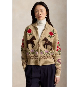 Cardigan en coton et laine intarsia beige