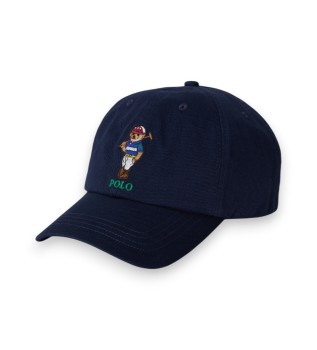 Casquette en coton serg� avec polo en forme d'ours marine