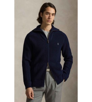 Trui van wol en katoen met ritssluiting in marineblauw