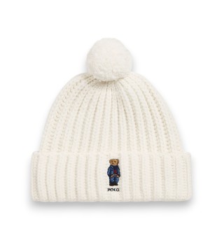 Bonnet côtelé avec Polo Bear et pompon blanc crème