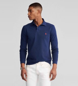Slim fit long sleeve pique polo shirt navy