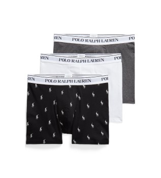 Set di 3 boxer in cotone elasticizzato nei colori nero, bianco e grigio.