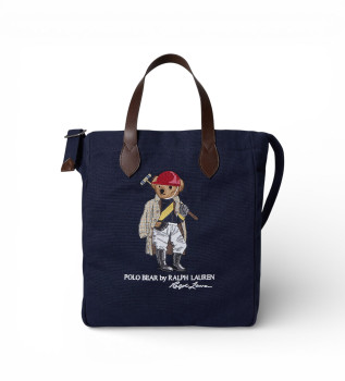 Borsa tote in tela con orso Polo blu navy