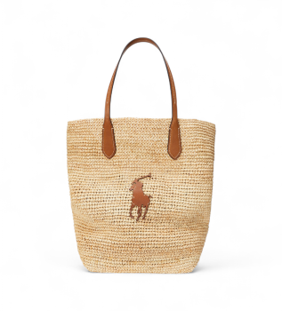 Grand sac cabas en raphia avec Big Pony beige