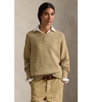 Pull en coton beige � col ras du cou