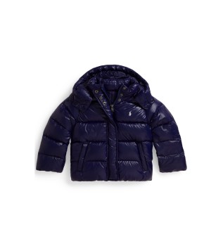 Piumino con cappuccio blu navy con finitura lucida