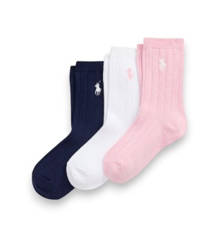 Set di 3 paia di calzini a coste nei colori blu navy, bianco e rosa