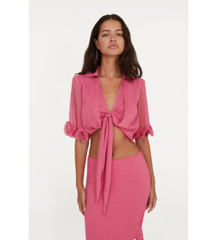 Chiffon blouse met roze strik