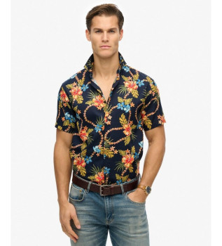 Camisa con estampado hawaiano marino