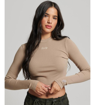 Beige long sleeve embroidered ribbed short sleeve T-shirt