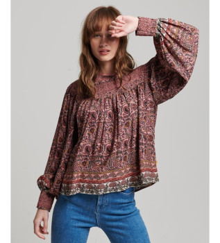 Burgundy ruffled printed woven t-shirt