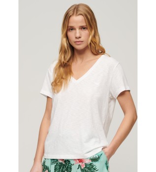 Flammig T-shirt med vit broderad v-ringad krage