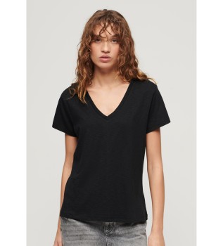 Sort flammet T-shirt med broderet V-udskring og broderi i V-udskringen