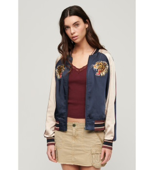 Vintagejacka med marinbl Sukajan-broderier