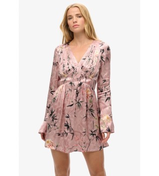 Vestido mini em jacquard floral rosa