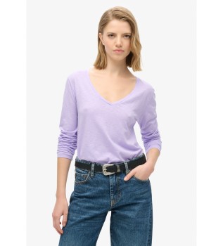 T-shirt en maille � manches longues et col en V, lilas
