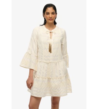 Beige langrmet minikjole i lag med lange rmer