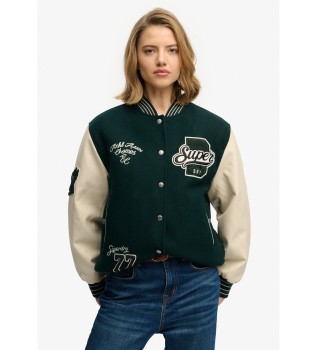 Giubbotto bomber universitario con toppe in verde