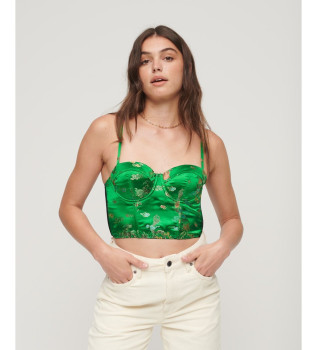 Corset top with green satin floral embroidery