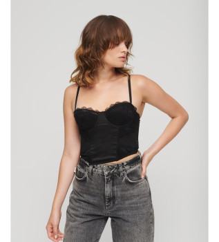 Top a corsetto in raso di pizzo a rete nera