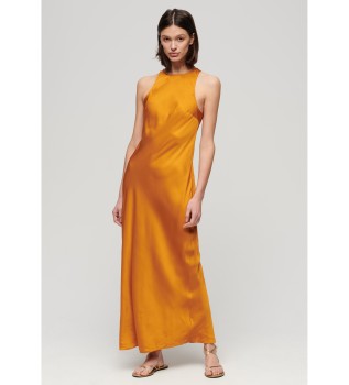 Vestido midi de cetim amarelo com costas olímpicas