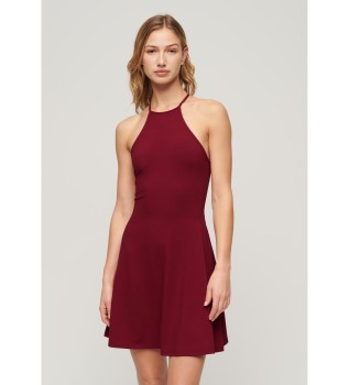 Red mini knitted dress with flounced waistband