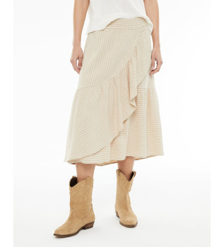 Saia comprida com folhos e riscas bege
