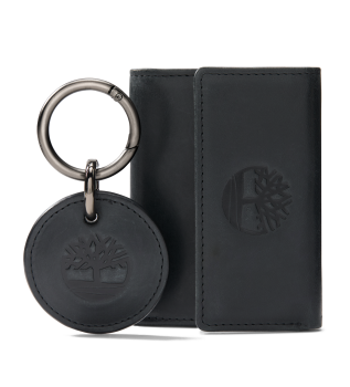 Three-panel folding wallet and key ring set black