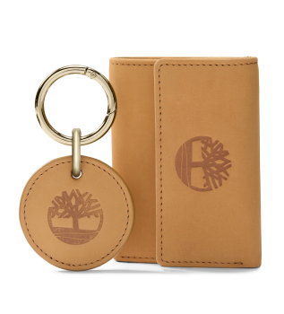 Three-panel folding wallet and keyring set brown