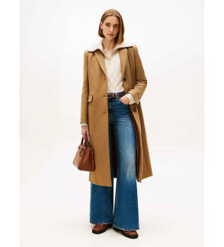 Casaco comprido castanho de mistura de l e caxemira com caxemira