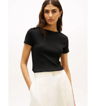 Wąska koszulka z dekoltem w łódkę i guzikami, czarna