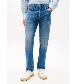 Blue straight leg faded Denton jeans with faded blue straight leg