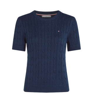 Short sleeve knitted braided pullover navy