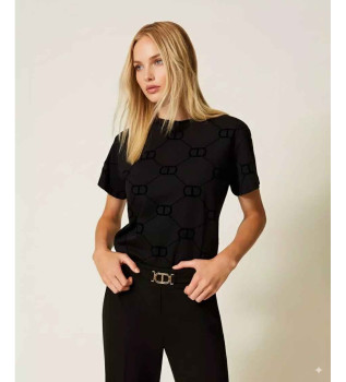 Oval T-shirt med flockat tryck T svart