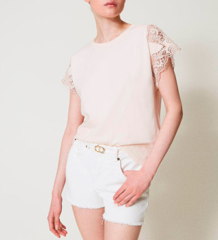 T-shirt standard avec dentelle beige