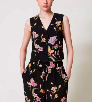 Gilet in crepe de chine floreale nero