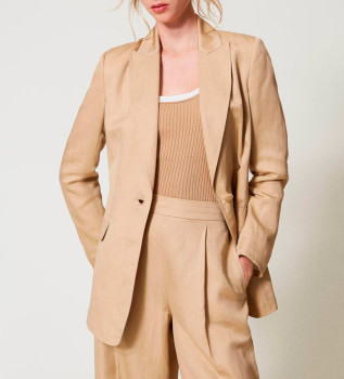 Jakna z enojnimi prsmi iz bež mešanega lanu v bež barvi