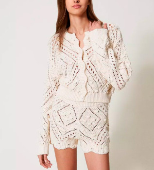 Openwork knit cardigan in beige cotton blend