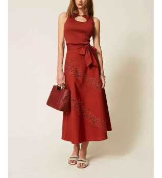 Poplin and brown English embroidery long skirt