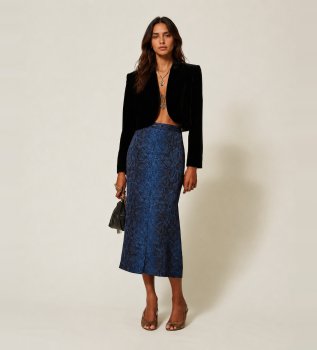 Gonna midi in crêpe con stampa pitone blu